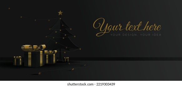 background, ad, poster, template, Black Friday Super Sale. Realistic black gifts boxes. Open gift box full of decorative festive object. Golden text lettering. New Year and Christmas design. Xmas background