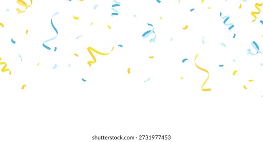 O fundo é adornado com confetes azuis e amarelos brilhantes, perfeitos para celebrações. Uma bela ilustração vetorial de decoração festiva.