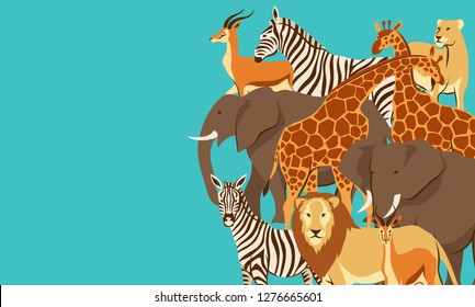 Background with African savanna animals. Stylized illustration.