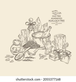 Fondo con madera agar: árbol alto, hojas, trozo de madera de agar, sal de baño, jabón y productos de belleza. Árbol de agalloch. Cosmética, perfumería y planta médica. Ilustración dibujada a mano por el vector