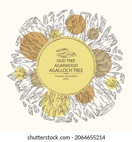 Madera agar de fondo: árbol alto, hojas y trozo de madera de agar. Árbol de agalloch. Perfumería, cosméticos y plantas médicas. Ilustración dibujada a mano por el vector