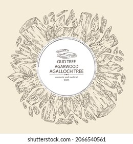 Madera agar de fondo: árbol alto, hojas y trozo de madera de agar. Árbol de agalloch. Perfumería, cosméticos y plantas médicas. Ilustración dibujada a mano por el vector
