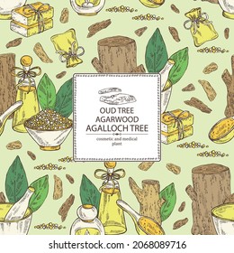 Background with agar wood: oud tree, leaves, piece of agar wood, bath salt, soap and beauty products. Agalloch tree. Cosmetic, perfumery and medical plant. Vector hand drawn illustration