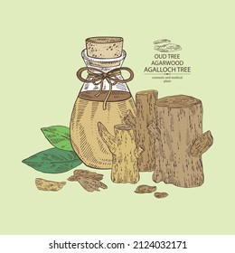 Background with agar wood: oud tree, leaves, piece of agar wood and bottle of agar wood essential oil. Agalloch tree. Cosmetic, perfumery and medical plant. Vector hand drawn illust