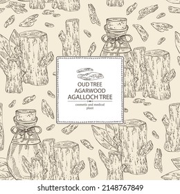 Background with agar wood: oud tree, leaves, piece of agar wood and bottle of agar wood essential oil. Agalloch tree. Cosmetic, perfumery and medical plant. Vector hand drawn illustion