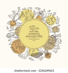 Background with agar wood: oud tree, leaves, piece of agar wood, bath salt, soap and beauty products. Agalloch tree. Cosmetic, perfumery and medical plant. Vector hand drawn illustration