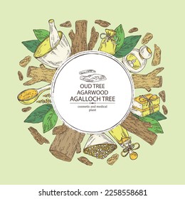 Background with agar wood: oud tree, leaves, piece of agar wood, bath salt, soap and beauty products. Agalloch tree. Cosmetic, perfumery and medical plant. Vector hand drawn illustration