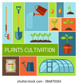 Background with agriculture objects. Instruments for cultivation, plants seedling process, stage plant growth, fertilizers and greenhouse.