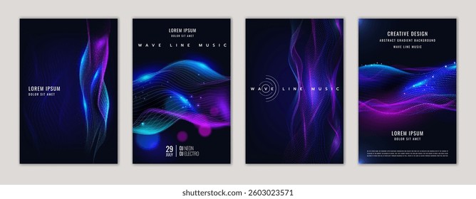 Background AI pattern abstract wave. Line from dot digital. Graphic and blue purple on black gradient creative backdrop. Gradient tech, data in geometric network future vector design poster collection