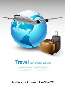 Background with airplane and globe. Travel concept. Vector 