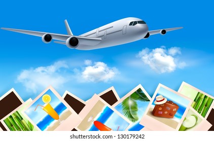 Background with airplane and with photos from holidays. Travel concept. Vector