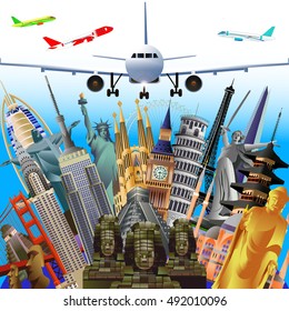 Background with airplane, travel around the world, monuments and landmarks concept. Vector color illustration