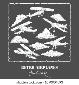 Background with Airplanes and Clouds. Hand drawn sky vector illustration