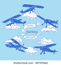 Background with  Airplanes and Clouds. Hand drawn sky vector illustration
