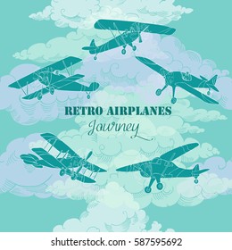 Background with  Airplanes and Clouds. Hand drawn sky vector illustration