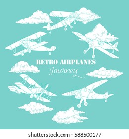 Background with Airplanes and Clouds. Hand drawn sky vector illustration