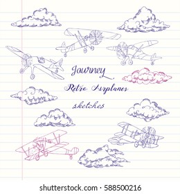 Background with  Airplanes and Clouds. Hand drawn sky vector illustration