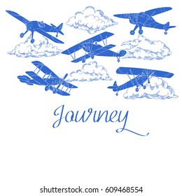 Background with Airplanes and Clouds. Hand drawn sky vector illustration