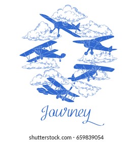 Background with  Airplanes and Clouds. Hand drawn sky vector illustration