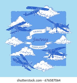 Background with Airplanes and Clouds. Hand drawn sky vector illustration