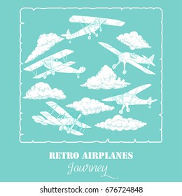 Background with Airplanes and Clouds. Hand drawn sky vector illustration