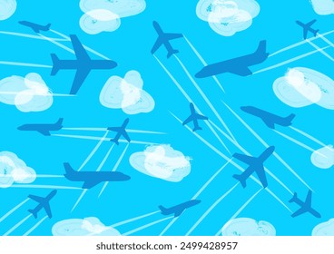 Background with airplanes and clouds. The sky is full of planes heading to different countries of the world