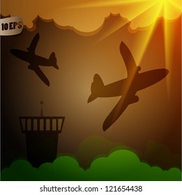 Background of airport and flying planes