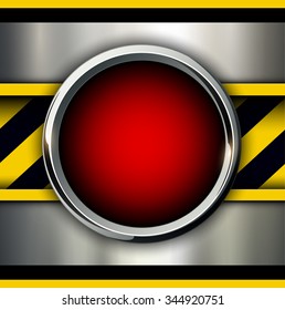 Background with alarm red button and warning stripes, vector illustration.