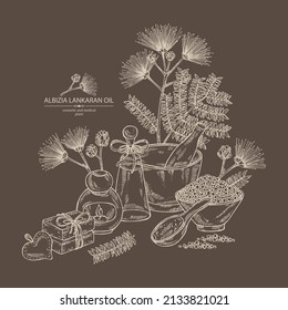 Background with albizia lankaran: plant, leaves, albizia lankaran flowers, bath salt, soap and beauty products. Albizia julibrissin. Cosmetic, perfumery and medical plant. Vector hand