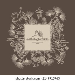 Background with albizia lankaran: plant, leaves, albizia lankaran flowers, bath salt, soap and beauty products. Albizia julibrissin. Cosmetic, perfumery and medical plant. Vector hand