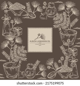 Background with albizia lankaran: plant, leaves, albizia lankaran flowers, bath salt, soap and beauty products. Albizia julibrissin. Cosmetic, perfumery and medical plant. Vector hand