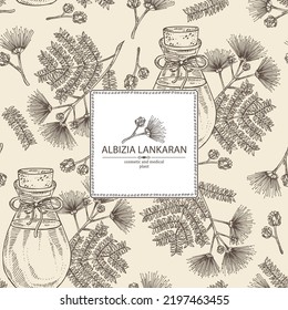 Background with albizia lankaran: plant, leaves, albizia lankaran flowers and bottle of albizia lankaran essential oil. Albizia julibrissin. Cosmetic, perfumery and medical plant. Vector hand drawn