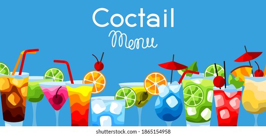 Background with alcohol cocktails. Stylized image of alcoholic beverages and drinks.