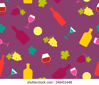 Background alcoholic beverages. Bright background with wine and grapes. Vector seamless pattern