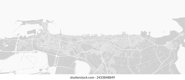 Antecedentes Mapa de Alejandría, Egipto, póster de la ciudad en blanco y gris claro. Mapa vectorial con carreteras y agua. Proporción panorámica, mapa de ruta de diseño plano digital.