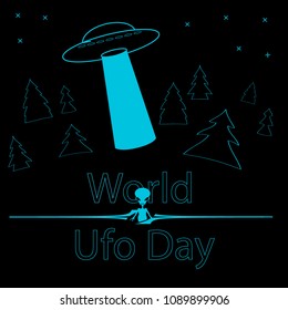 Background with alien spaceship and portrait of a humanoid. Suitable for poster, banner, campaign, and greeting card. Vector. EPS10.