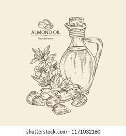 Background with almond and bottle of almond oil. Vector hand drawn illustration
