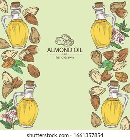 Fondo con almendra y botella de aceite de almendras. Ilustración dibujada a mano por el vector