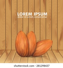 Background with almonds on wood texture. EPS10 vector