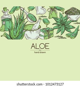 Background with aloe , essential oil, bath salt ,soap. Cosmetic and medical plant. Vector hand drawn illustration