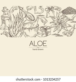 Background with aloe , essential oil, bath salt ,soap. Cosmetic and medical plant. Vector hand drawn illustration
