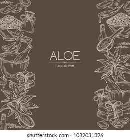 Background with aloe , essential oil, bath salt ,soap. Cosmetic and medical plant. Vector hand drawn illustration