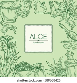Background with aloe , essential oil, bath salt ,soap. Cosmetic and medical plant. hand drawn.