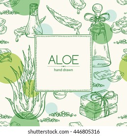 Background with aloe, essential oil, soap . hand drawn
