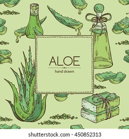 Background with aloe, essential oil, soap . hand drawn