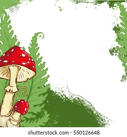 Background with amanita mushroom frame and fern leaves. Vector illustration
