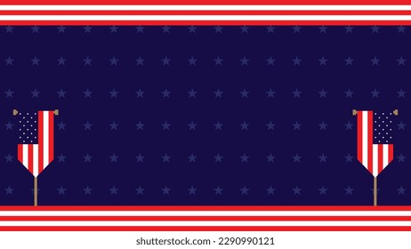 Background of American Flag Day with two flying United States flags, some flag ornaments and a star. and copy space area. Suitable to be placed on content with that theme.
