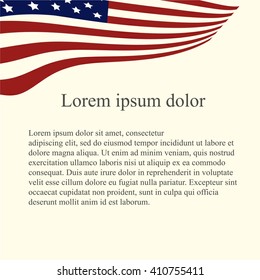  Background with American flag on the corner. Red, blue, white flag on light pink background, grey Lorem ipsum, vector