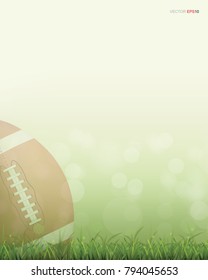 Background for american football with football ball and green grass field with light blurred bokeh. Vector illustration.