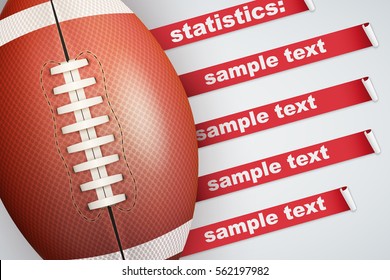 Background of American Football sports. Infographic of list and schedule of players and statistics. Ball with red ribbon. Vector Illustration.